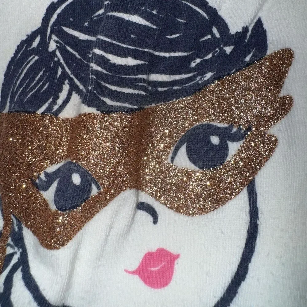 Gymboree Masquerade Mask Shirt Girl's 5 Long Sleeve White Casual Tee Top Glitter